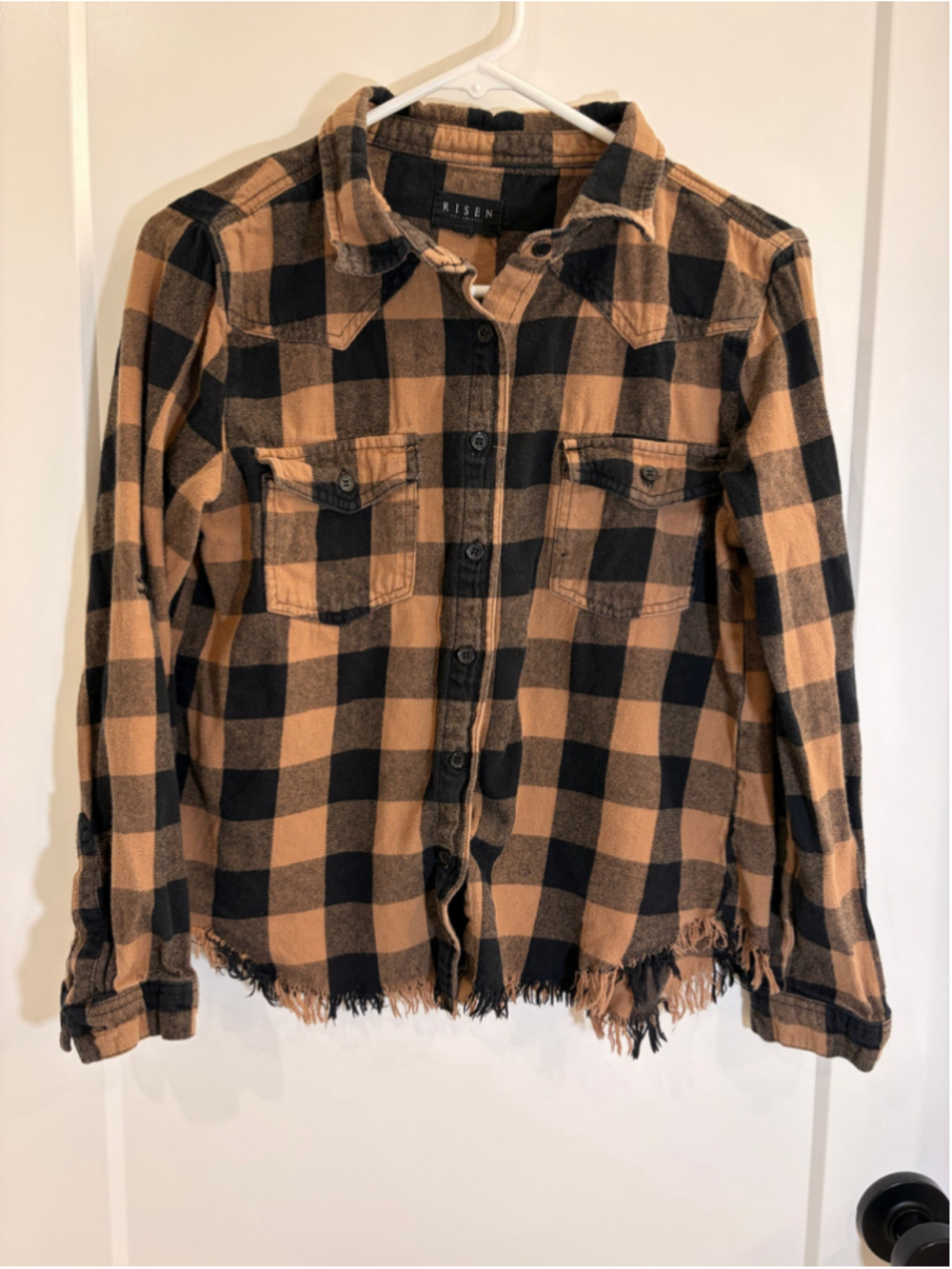 EUC Risen Los Angeles Brown Black Buffalo Plaid Raw Hem Flannel Shirt Size S